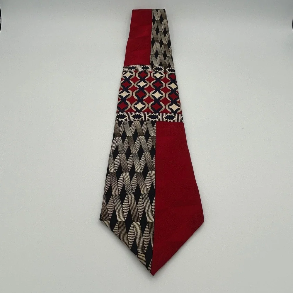 Ottimo Uomo Necktie Geometric Patchwork Mens OS Red Silk Vintage Abstract 90s